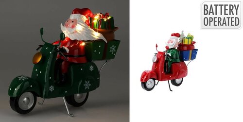 Kerstman op vespa scooter met led 25 cm rood