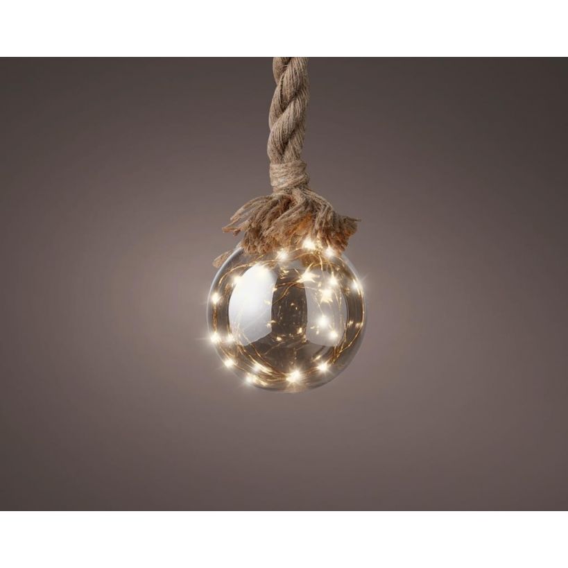 1x stuks verlichte glazen kerstballen aan touw met 30 lampjes zilver/warm wit 15 cm - Decoratie kerstballen met licht
